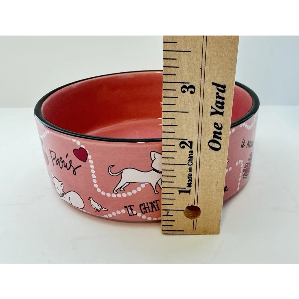 WHISKER CITY Pink Cat Bowl Paris Eiffel Tower Hearts Amour Ceramic Pet Dish